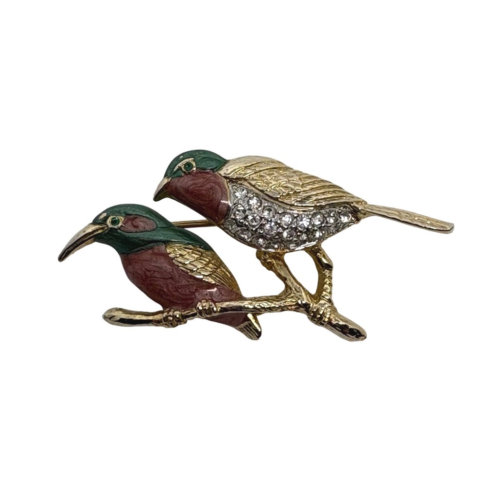 Two Birds on a Branch Brooch Pin Vintage Love Birds Gold Tone Enamel Rhinestone